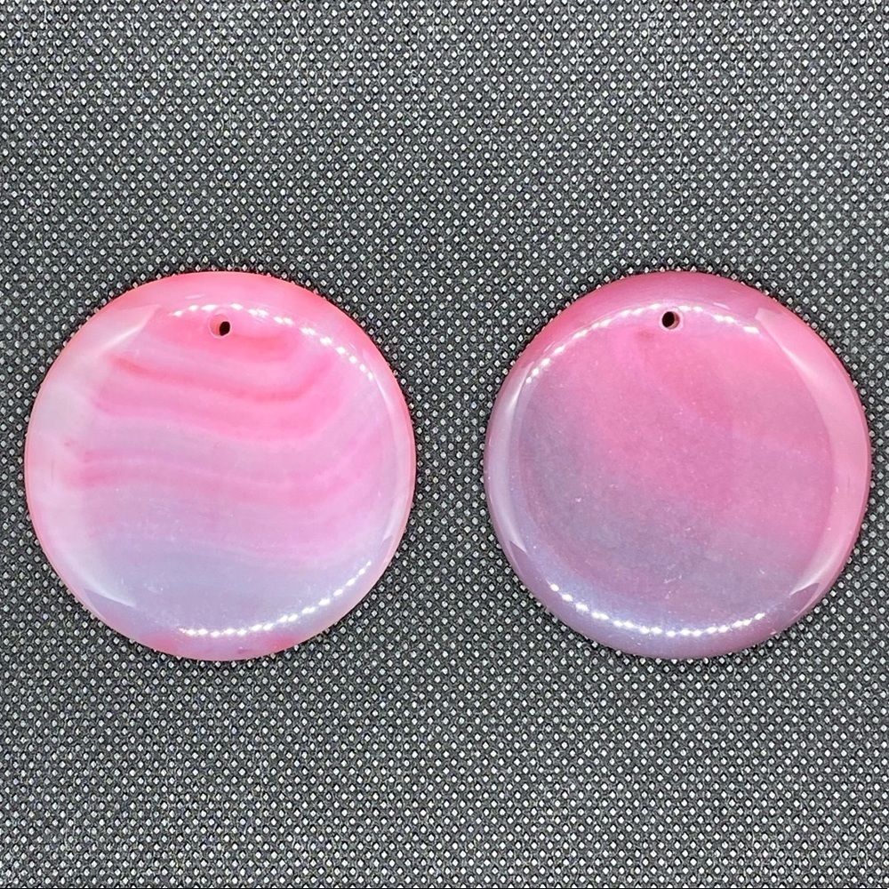 Two Polished Pink Agate Discs w/ Hole Decor Jewelry Crafts Hanging